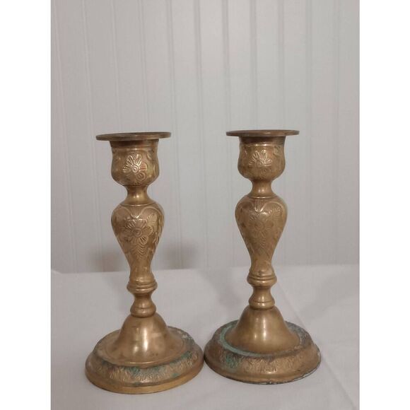 Brass heavy ornate floral  candlesticks - Picture 1 of 5